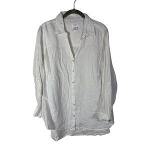 Sigrid Olsen 100% Linen White Button Up Tunic Top Size 1X Lagenlook Long Sleeve